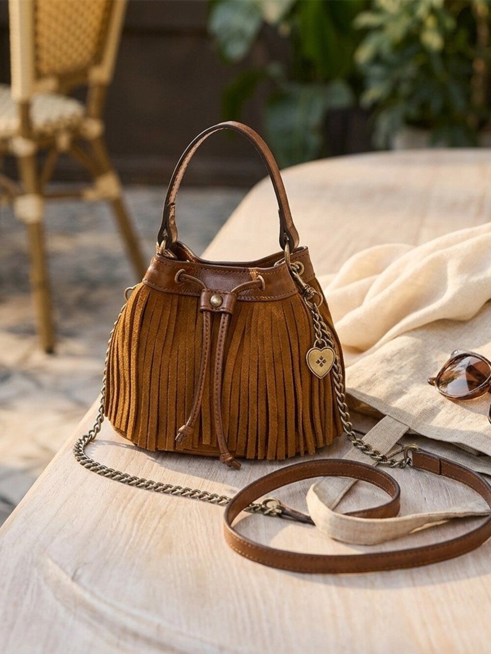 Patricia Nash Mini Elisa Chain Crossbody with Heart Charm - Suede Leather Fringe - Picture 6 of 6